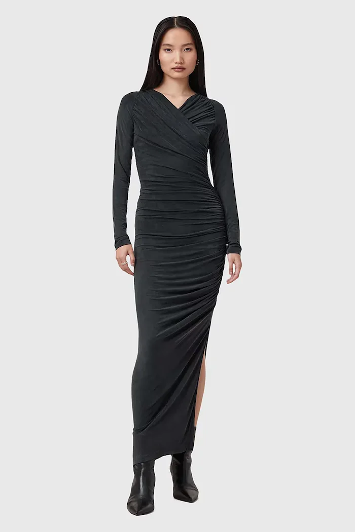 AllSaints Рокля HANAKO CUPRO в черно дълга с кройка по тялото W015DC