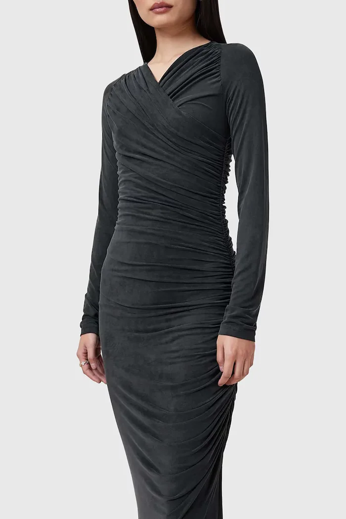 AllSaints Рокля HANAKO CUPRO в черно дълга с кройка по тялото W015DC