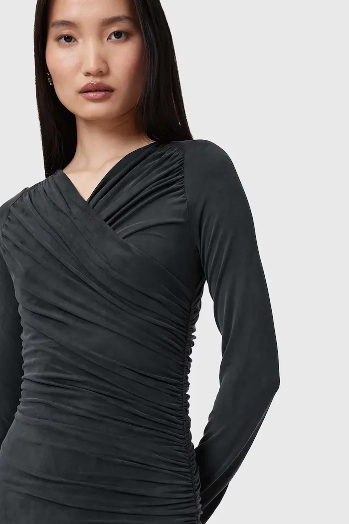AllSaints Рокля HANAKO CUPRO в черно дълга с кройка по тялото W015DC