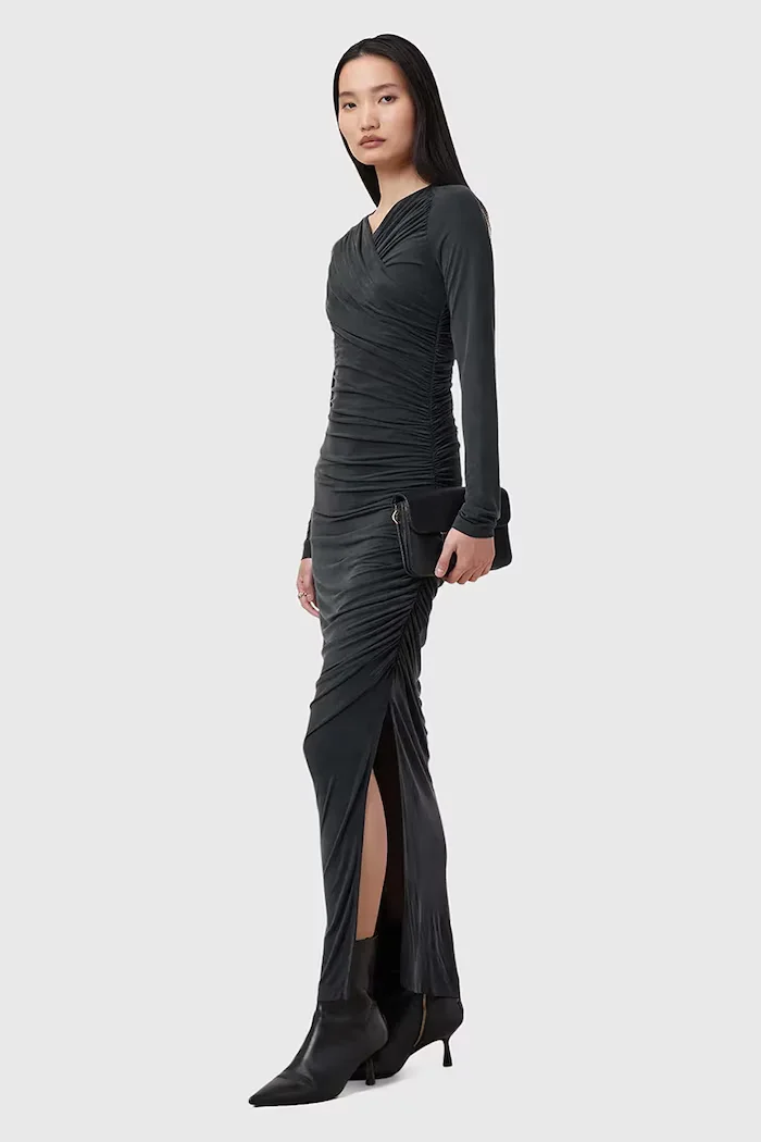 AllSaints Рокля HANAKO CUPRO в черно дълга с кройка по тялото W015DC
