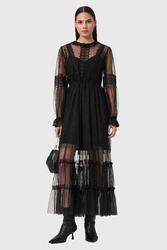 AllSaints Рокля NITA в черно дълга със стандартна кройка W225DD