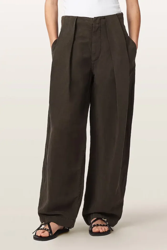 AllSaints широк панталон дамски с добавен лен PHI кафяв W029TF