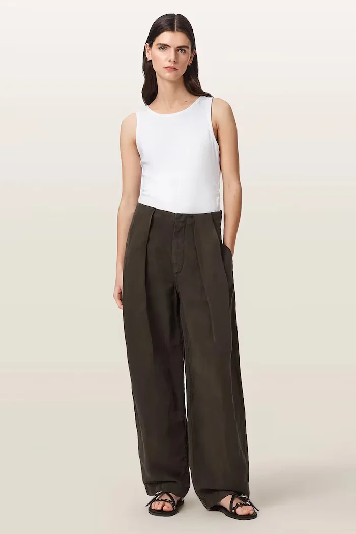 AllSaints широк панталон дамски с добавен лен PHI кафяв W029TF