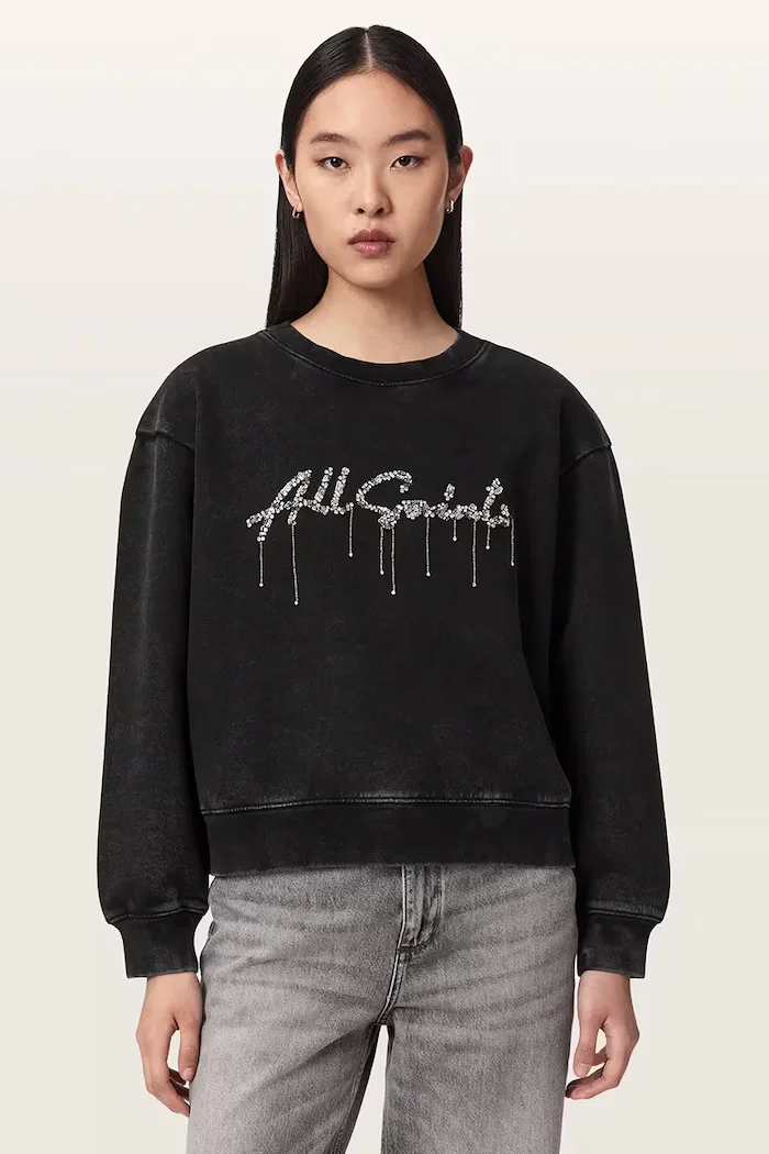 AllSaints суичър дамски от памук CHAINS PIPPA черен W040JF