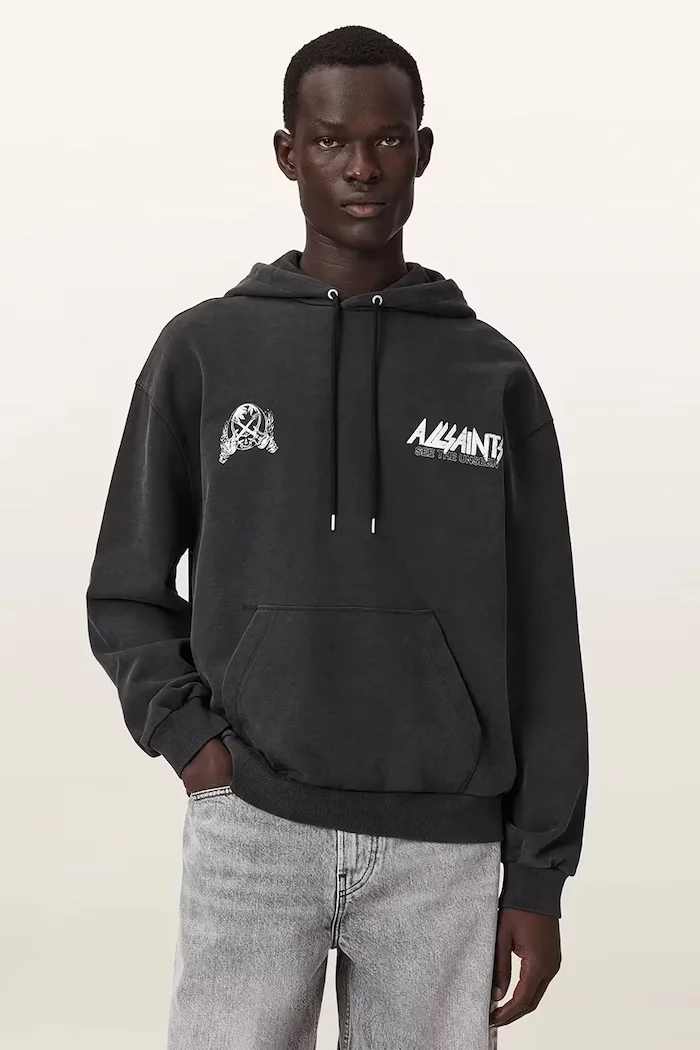 AllSaints суичър с качулка мъжки от памук CHROMIUM черен M001NF