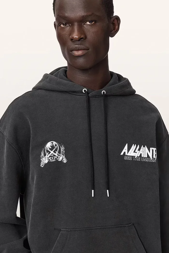 AllSaints суичър с качулка мъжки от памук CHROMIUM черен M001NF