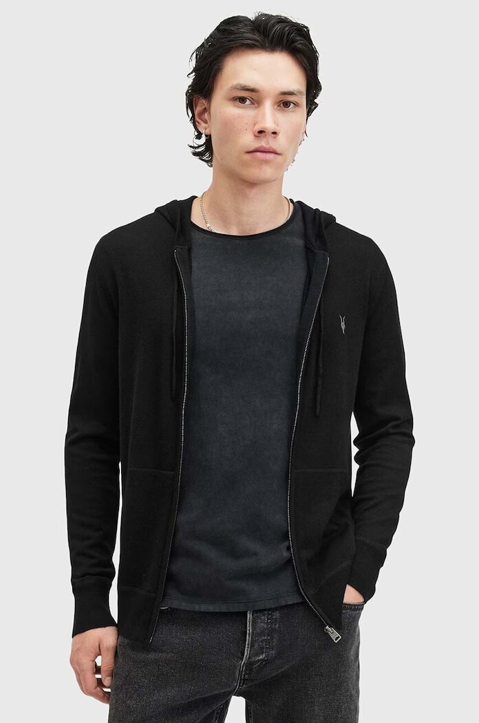 AllSaints суичър с цип и качулка мъжки от вълна черен M084KB