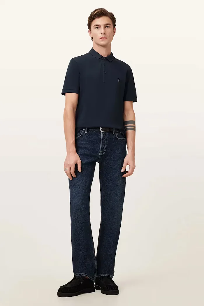 AllSaints тениска с яка мъжка памучна тъмносина M075PB