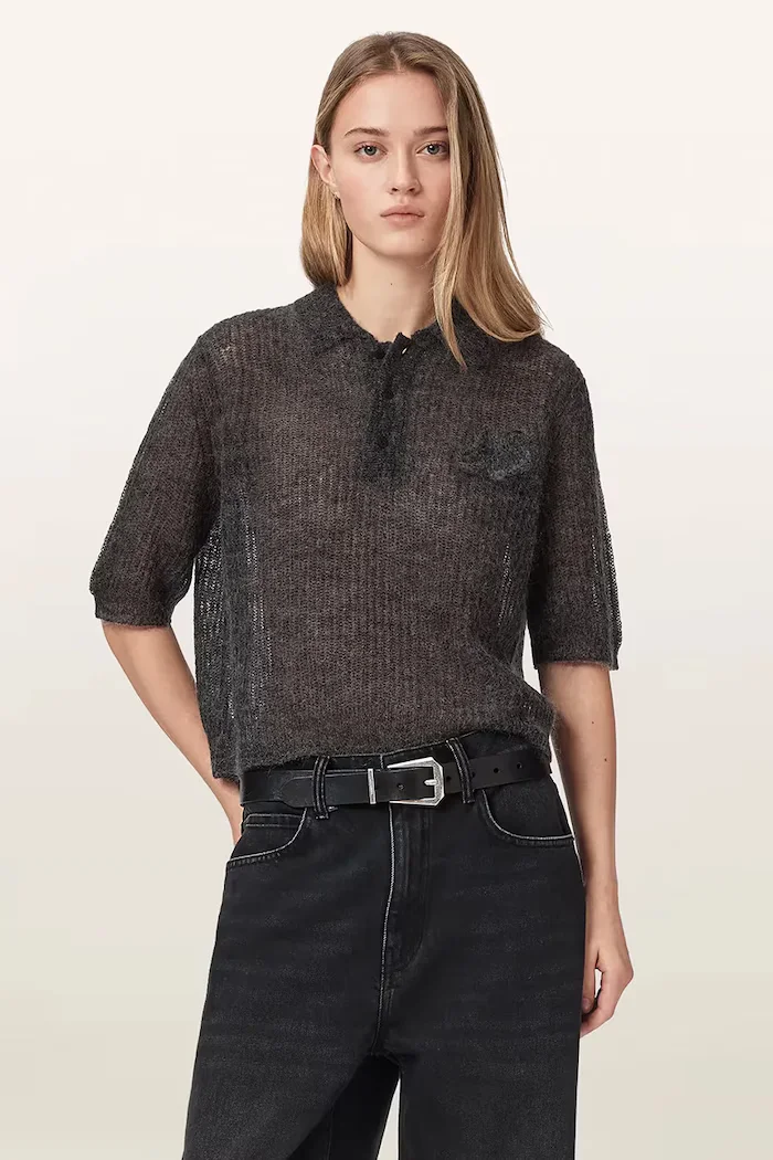 AllSaints тениска тип пулове с яка дамска с вълна ANABEL POLO TEE сива W003KE