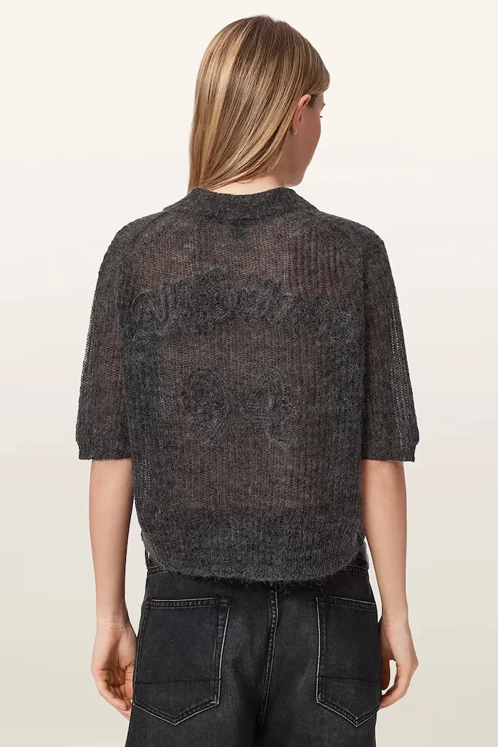 AllSaints тениска тип пулове с яка дамска с вълна ANABEL POLO TEE сива W003KE