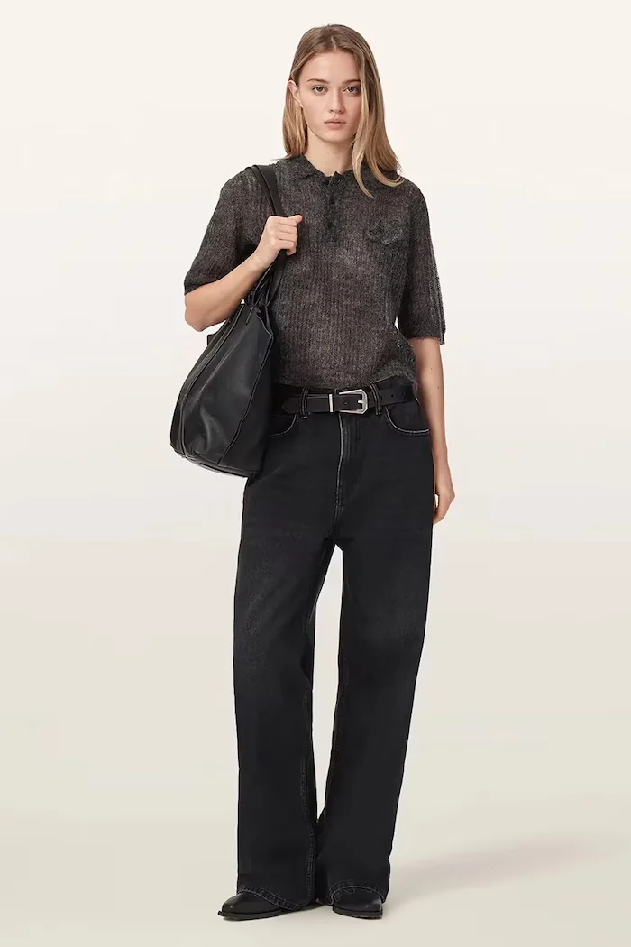 AllSaints тениска тип пулове с яка дамска с вълна ANABEL POLO TEE сива W003KE