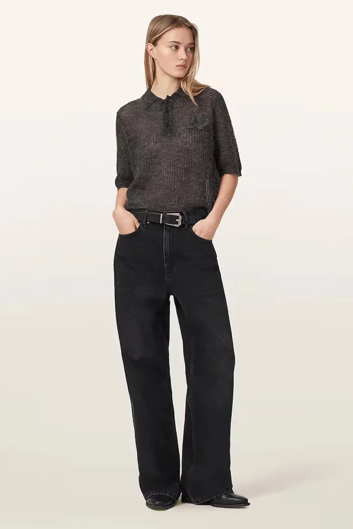 AllSaints тениска тип пулове с яка дамска с вълна ANABEL POLO TEE сива W003KE