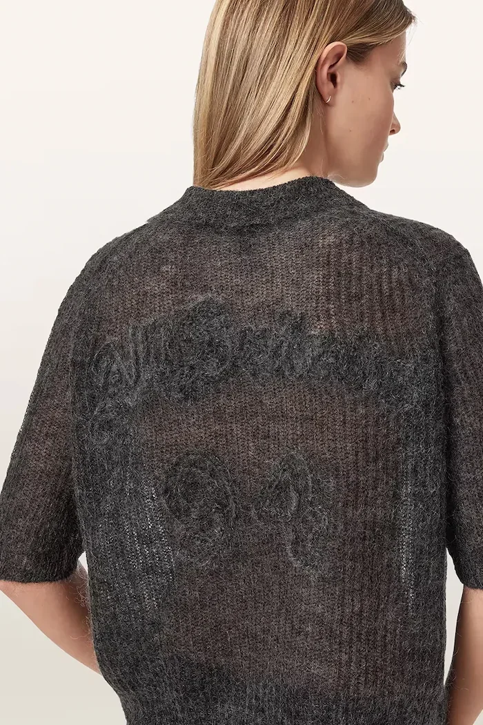 AllSaints тениска тип пулове с яка дамска с вълна ANABEL POLO TEE сива W003KE