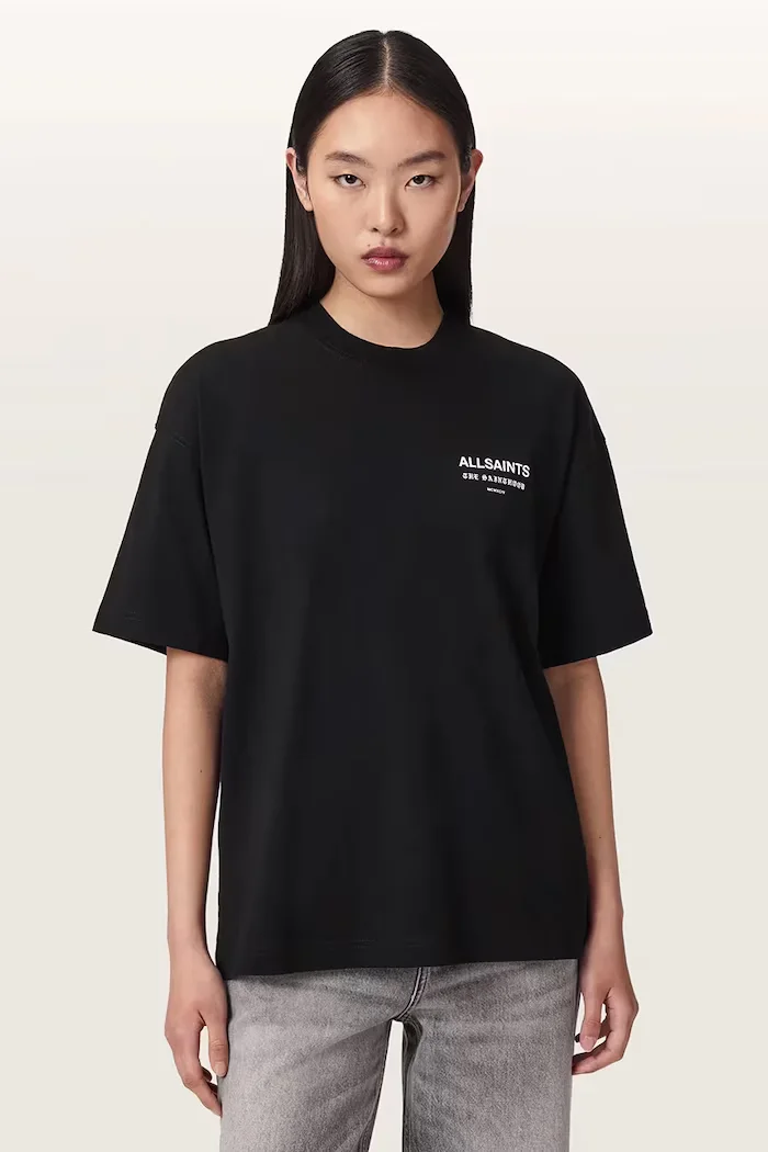 AllSaints уголемена тениска дамска от памук ELIANA ETTA TEE черна W052JF