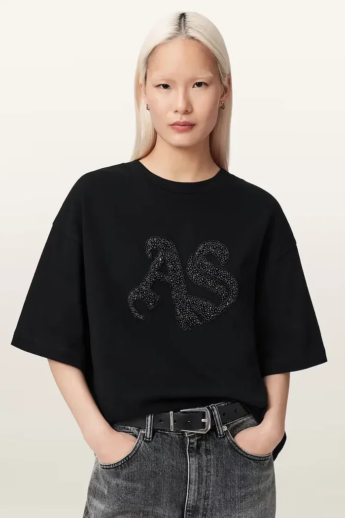 AllSaints уголемена тениска дамска от памук ICON черна W117JE