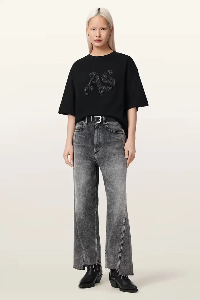 AllSaints уголемена тениска дамска от памук ICON черна W117JE