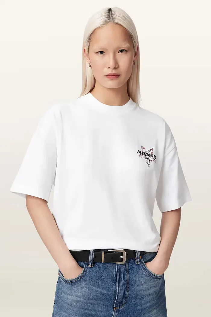 AllSaints уголемена тениска дамска от памук PENTACLE бяла W171JE