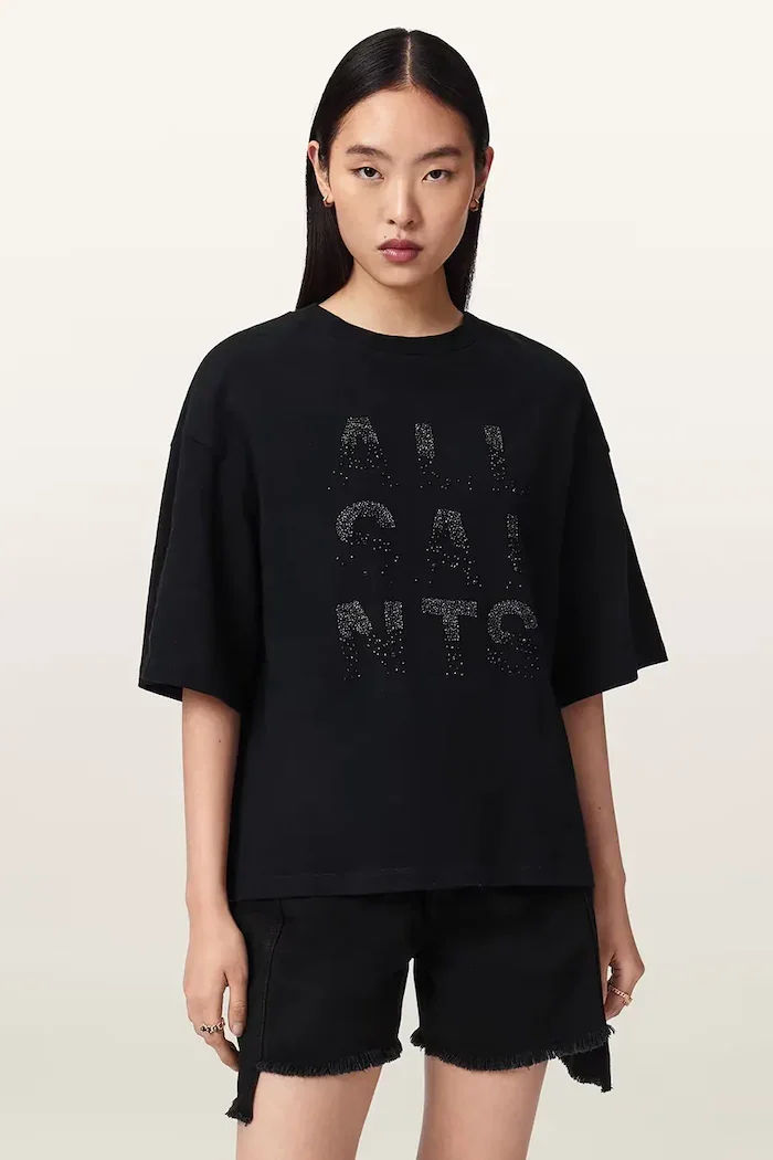 AllSaints уголемена тениска дамска от памук STACKS черна W151JE
