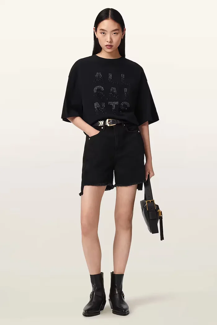 AllSaints уголемена тениска дамска от памук STACKS черна W151JE