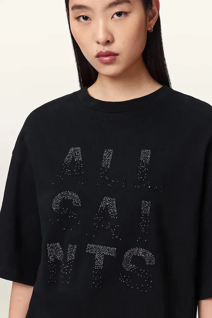 AllSaints уголемена тениска дамска от памук STACKS черна W151JE