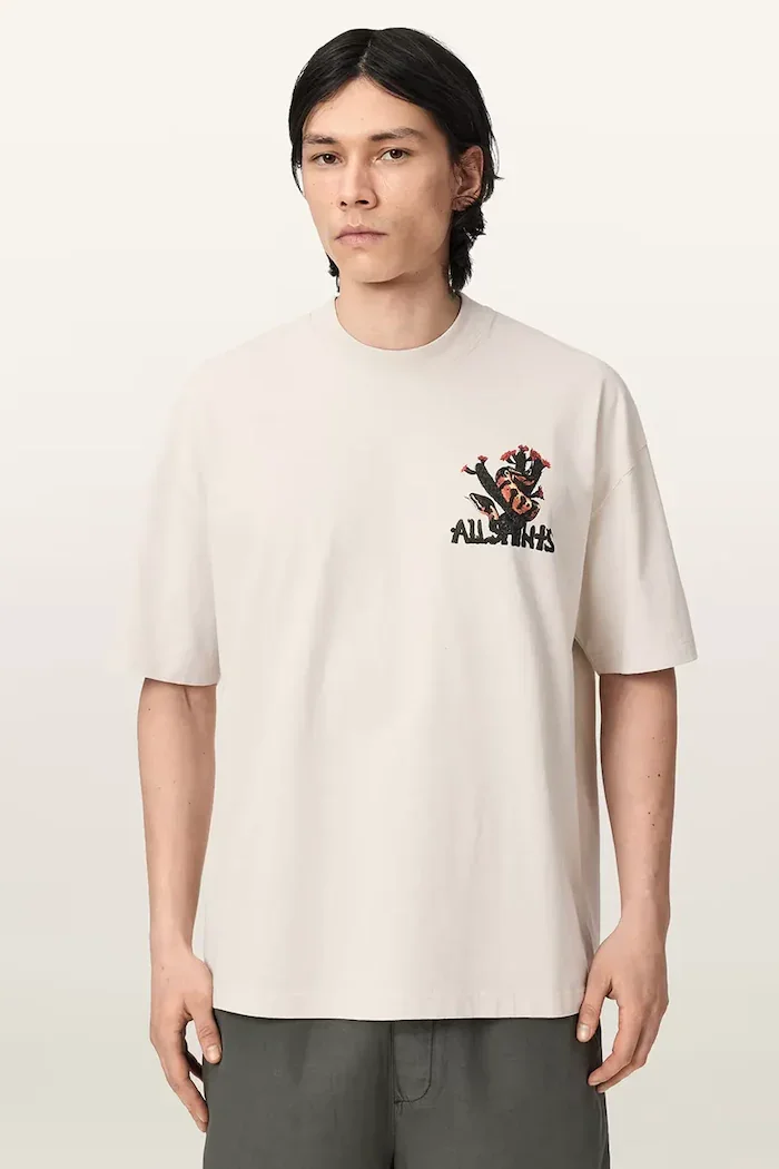 AllSaints уголемена тениска мъжка от памук CACTI бежова M044PE