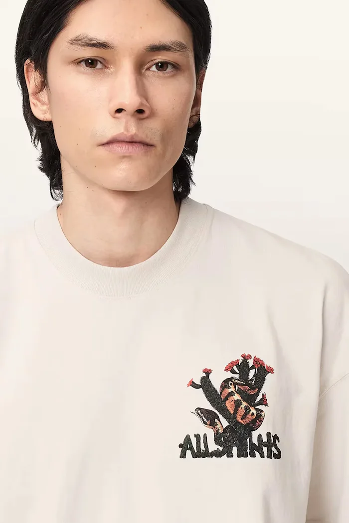 AllSaints уголемена тениска мъжка от памук CACTI бежова M044PE