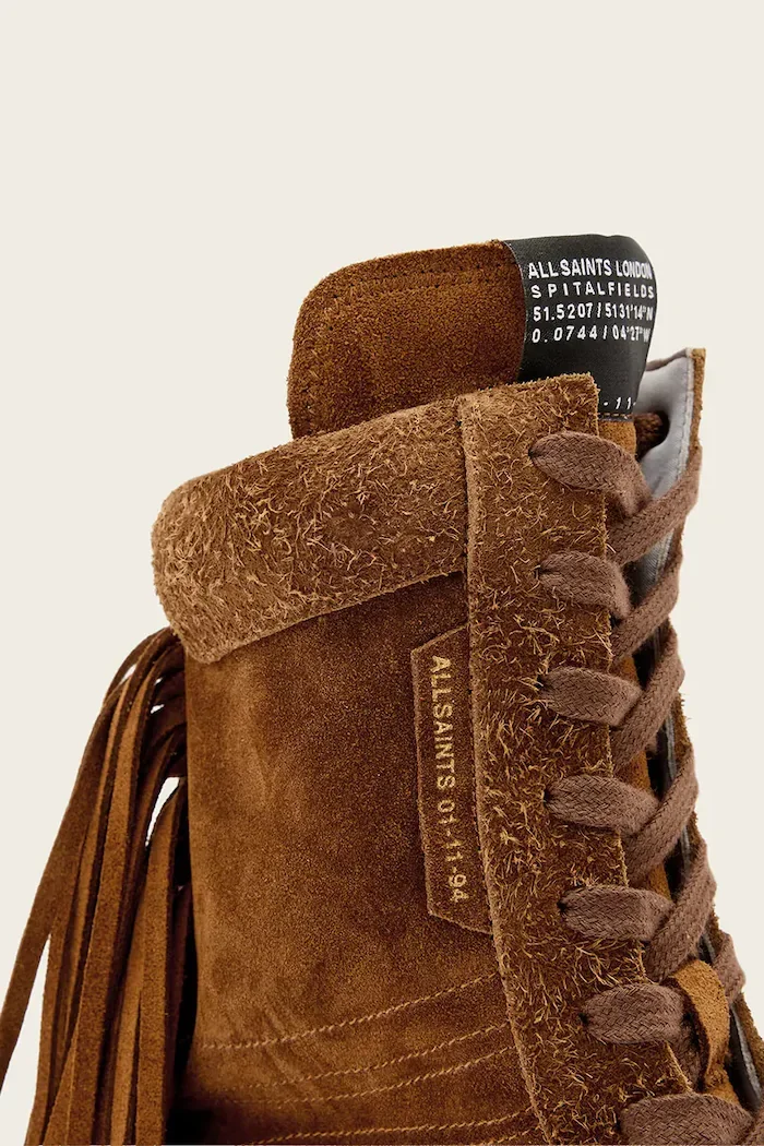 AllSaints Велурени обувки Louise Fringe Ht в кафяво W062FE