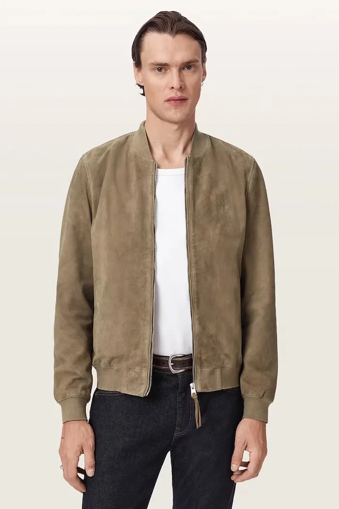 AllSaints яке бомбър мъжко от велур MORTEN зелено M050LE