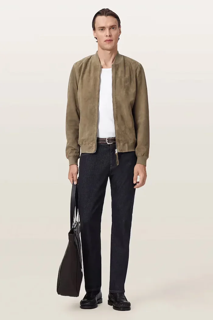 AllSaints яке бомбър мъжко от велур MORTEN зелено M050LE