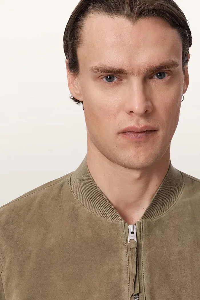 AllSaints яке бомбър мъжко от велур MORTEN зелено M050LE