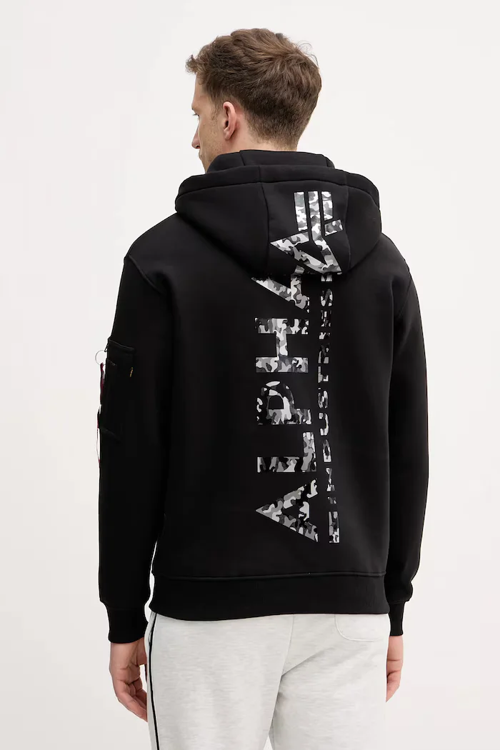 Alpha Industries Суичър Backprint Hoodie Mirror Camo мъжки в черно с качулка принт 178318MC Backprint Mirror Camo