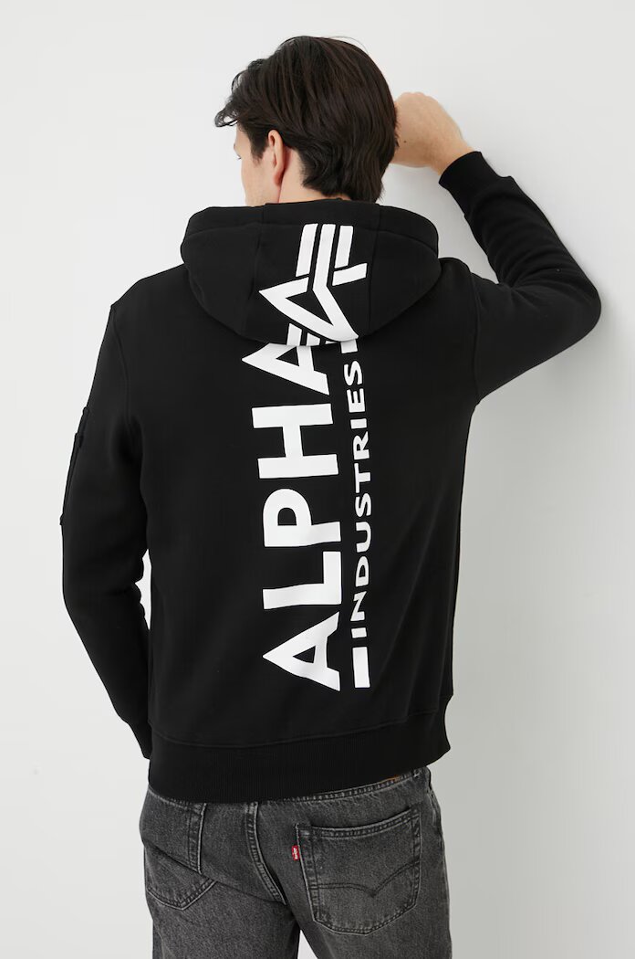 Alpha Industries Суичър Backprint в черно с качулка принт Backprint