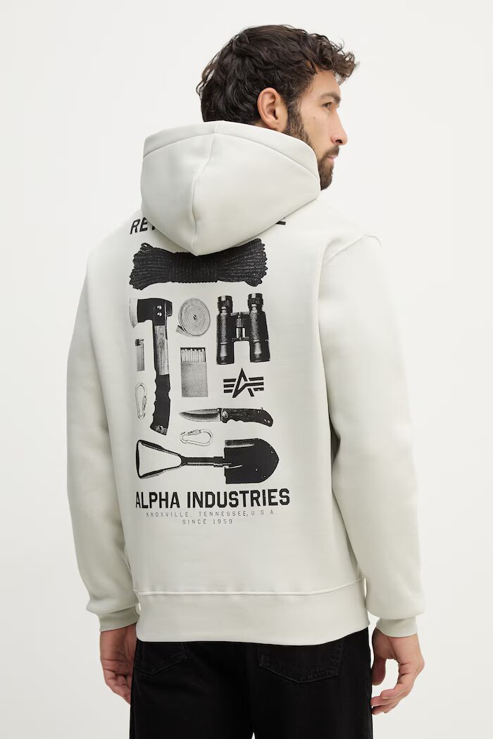 Alpha Industries Суичър Return To Base Hoodie мъжки в бежово с качулка с принт 266338