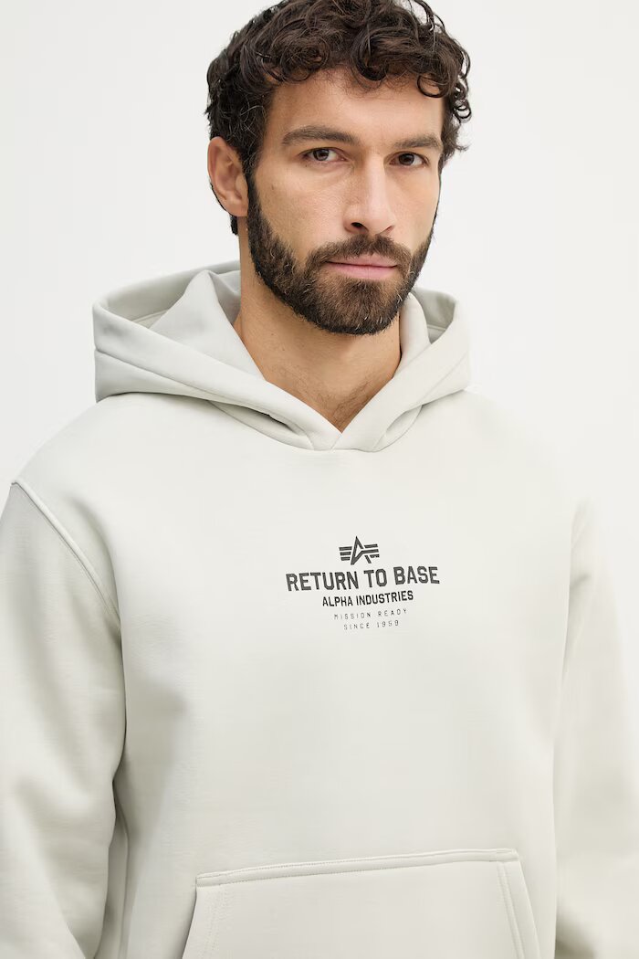 Alpha Industries Суичър Return To Base Hoodie мъжки в бежово с качулка с принт 266338