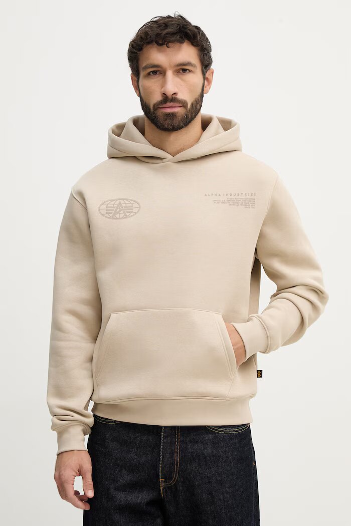 Alpha Industries Суичър World Logo Backprint Hoodie мъжки в бежово с качулка с принт 258337