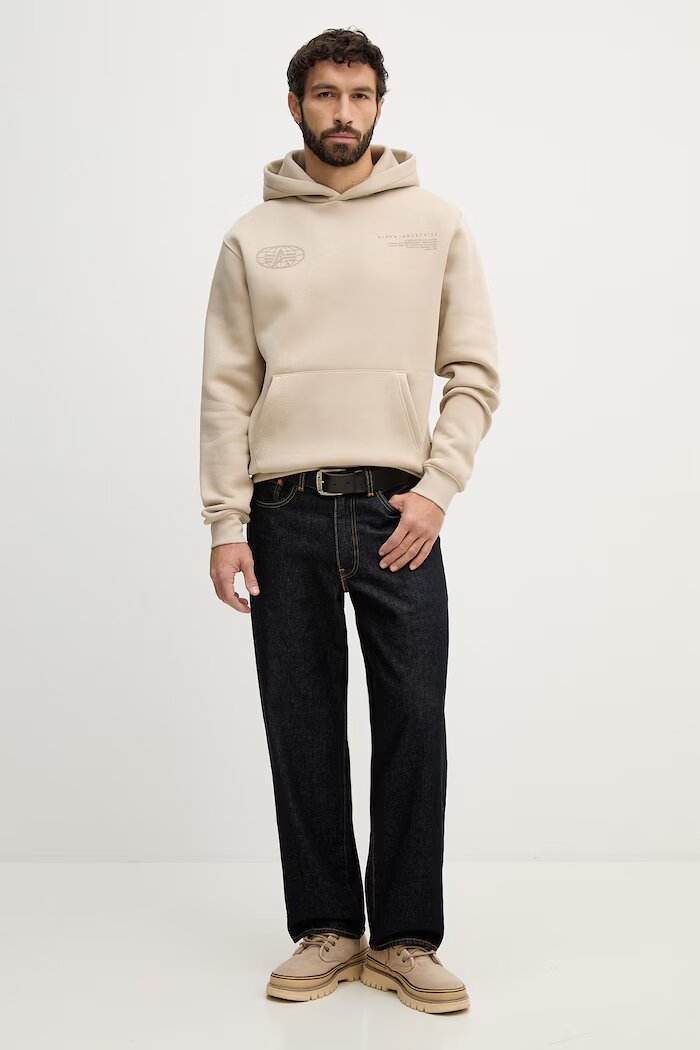 Alpha Industries Суичър World Logo Backprint Hoodie мъжки в бежово с качулка с принт 258337