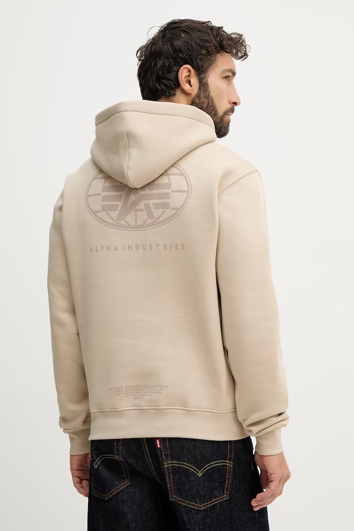 Alpha Industries Суичър World Logo Backprint Hoodie мъжки в бежово с качулка с принт 258337