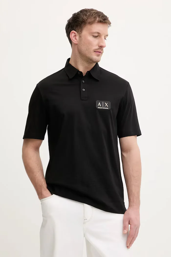 ARMANI EXCHANGE Памучна тениска с яка в черно с изчистен дизайн XM002232 AF10364
