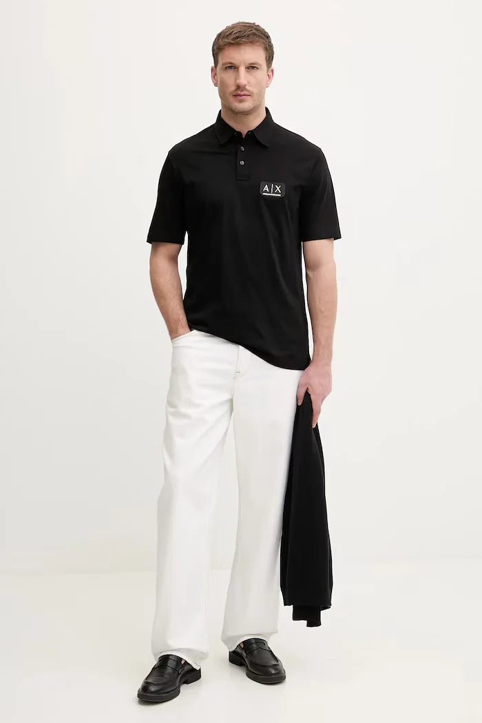 ARMANI EXCHANGE Памучна тениска с яка в черно с изчистен дизайн XM002232 AF10364