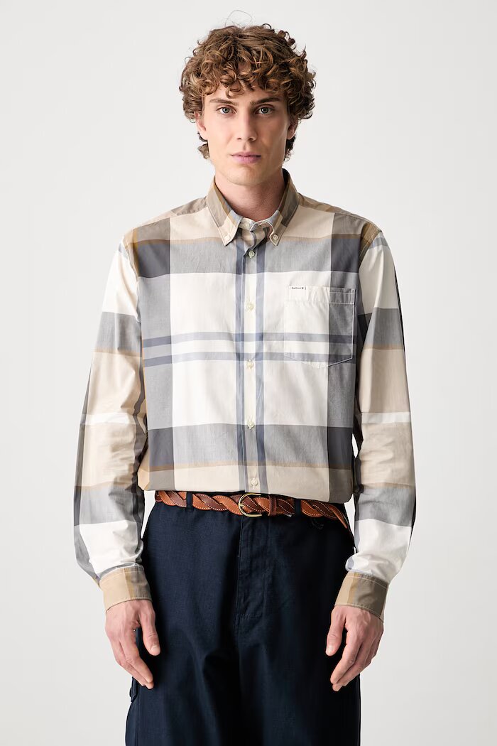 Barbour риза мъжка от памук Harris Tailored Shirt бежова на каре MSH5071