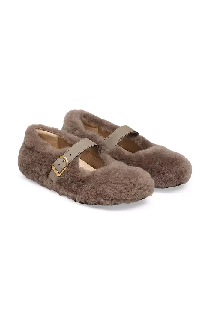 Birkenstock балеринки от кожа Santa Clarita Shearling кафяви 1032639