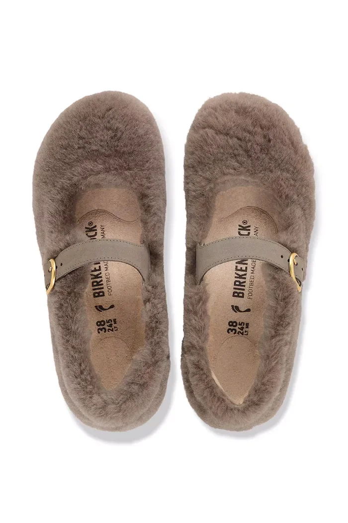 Birkenstock балеринки от кожа Santa Clarita Shearling кафяви 1032639