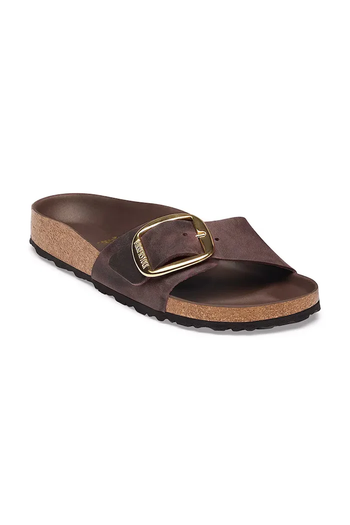 Birkenstock чехли дамски от кожа Madrid Big Buckle Oiled Leather кафяви 1032914