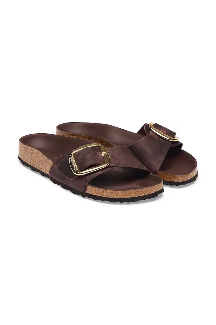 Birkenstock чехли дамски от кожа Madrid Big Buckle Oiled Leather кафяви 1032914