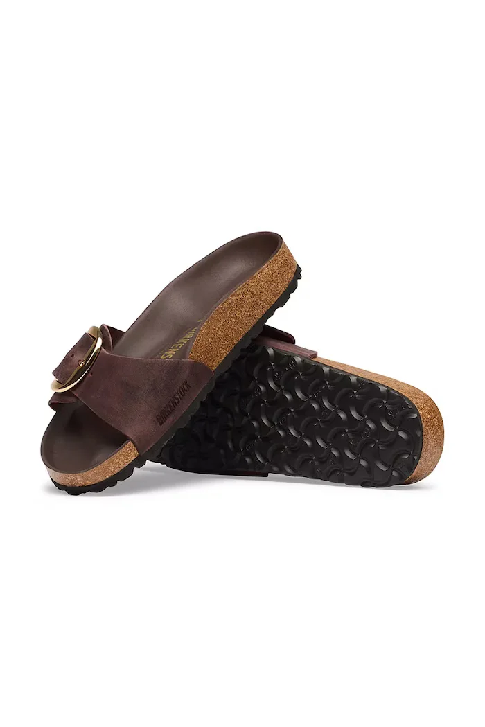 Birkenstock чехли дамски от кожа Madrid Big Buckle Oiled Leather кафяви 1032914