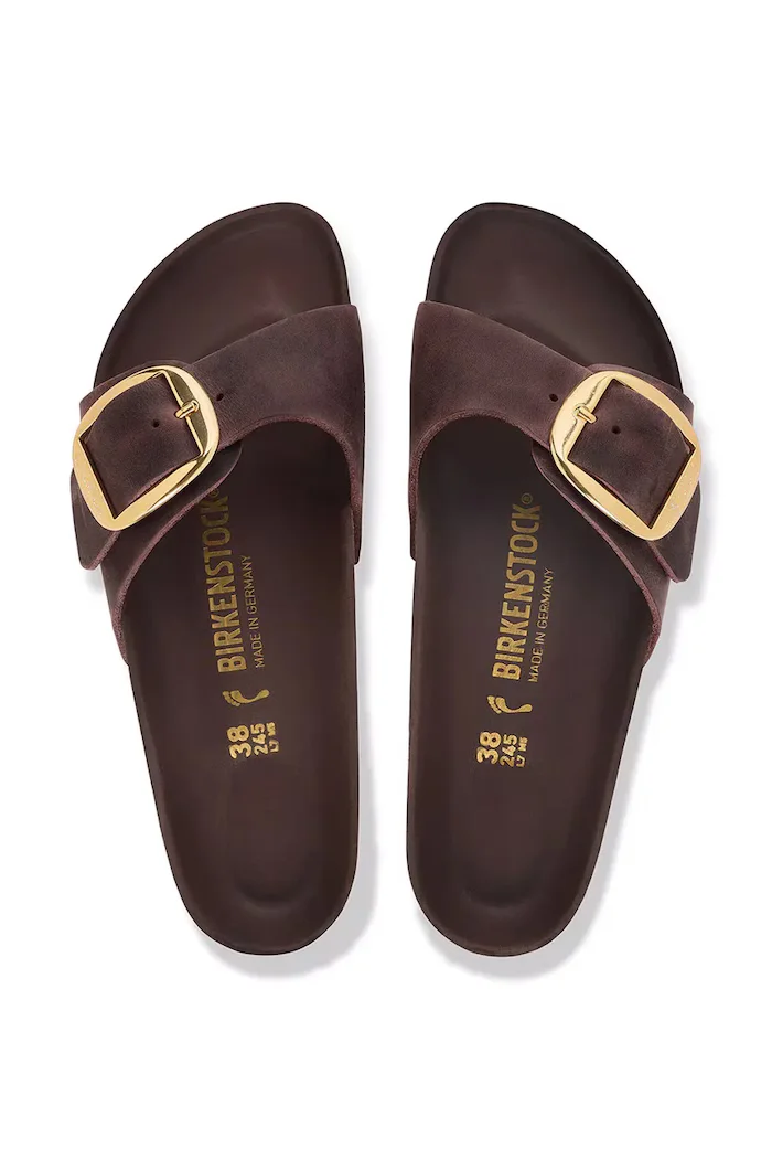 Birkenstock чехли дамски от кожа Madrid Big Buckle Oiled Leather кафяви 1032914