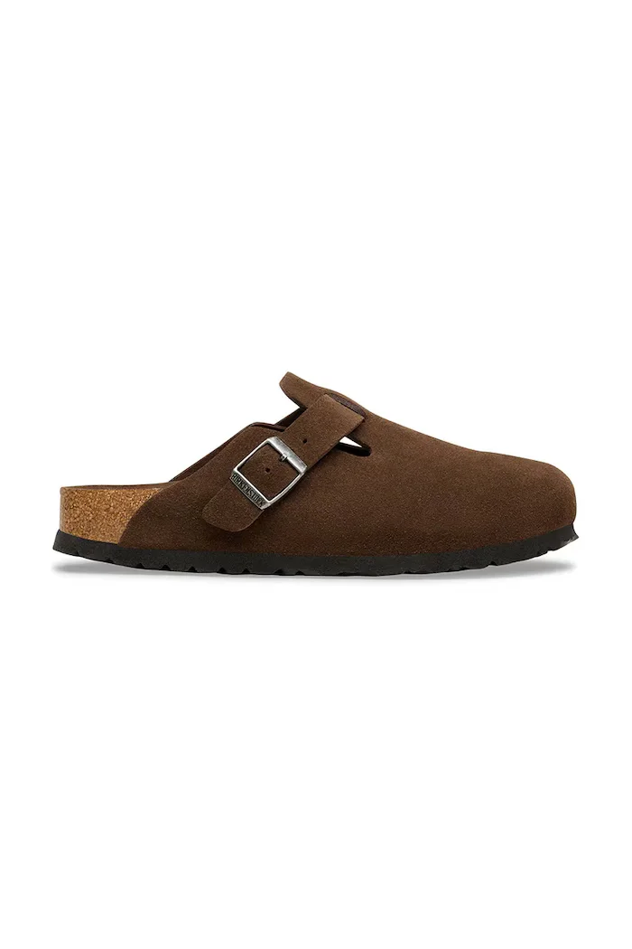 Birkenstock чехли с равна подметка от велур Boston SFB LEVE кафяви 1031641