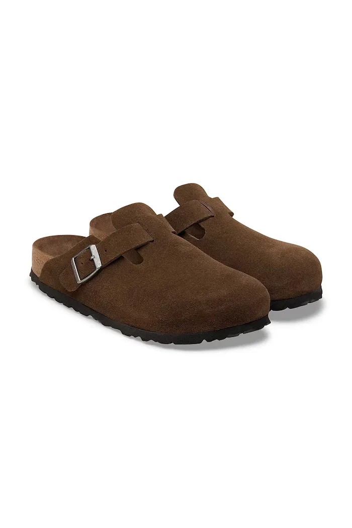 Birkenstock чехли с равна подметка от велур Boston SFB LEVE кафяви 1031641