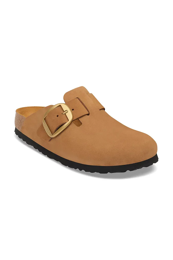 Birkenstock чехли сабо дамски от набук Boston Big Buckle Nubuck Leather кафяви 1032949