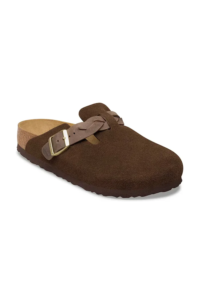Birkenstock чехли сабо дамски от велур Boston Braided кафяви 1031716